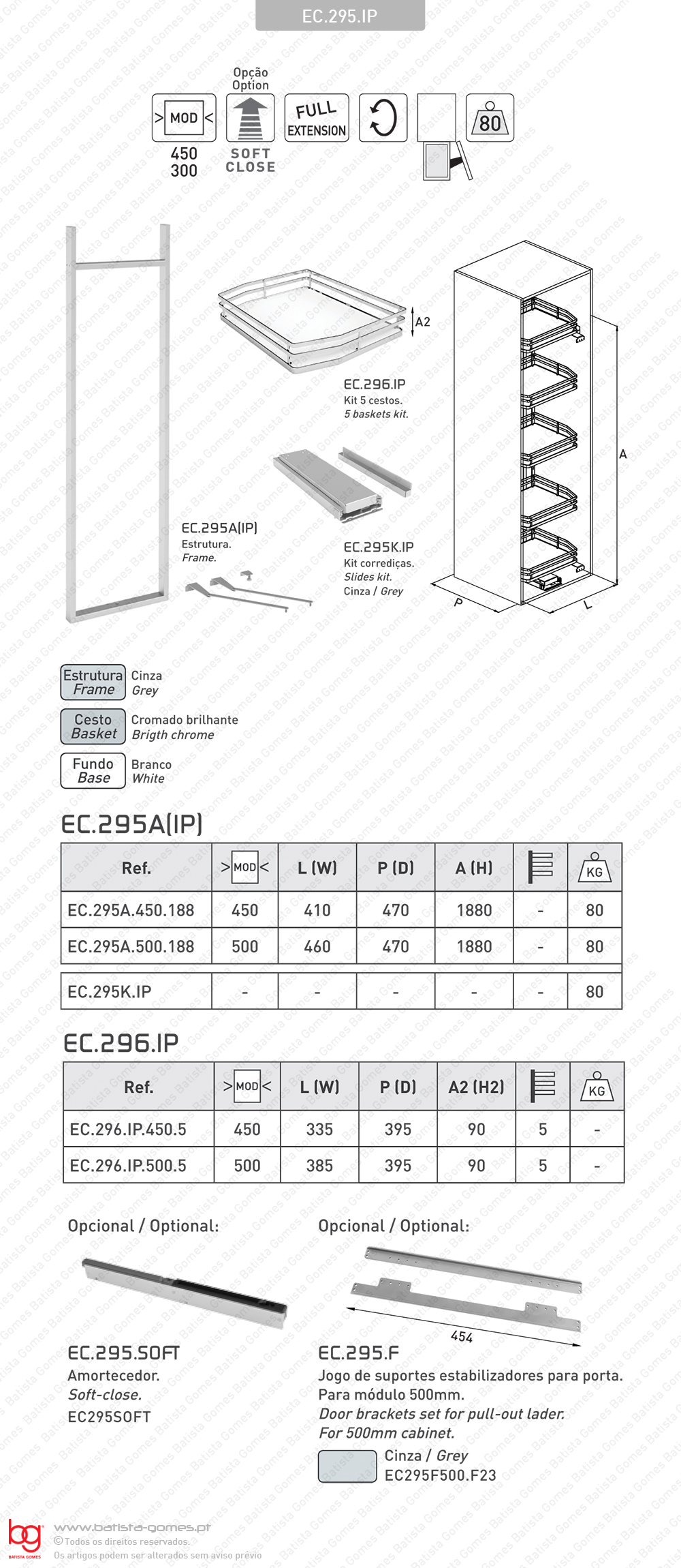Despenseiro multiusos com 5 cestos para aplica��o porta lateral - Extra��o total com Soft-close - M�d. 450 / 500 - Cromado